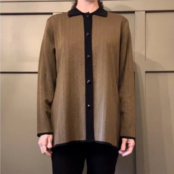 Exclusively Misook Herringbone Button Front Jacket Brown & Black Size Medium - Picture 1 of 12